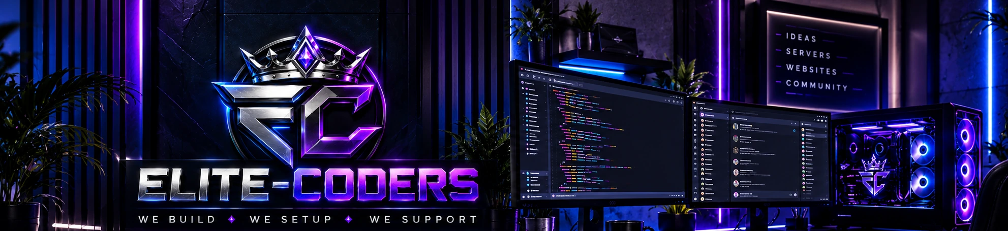 Elite-Coders crowned EC emblem and professional neon-lit development workstation